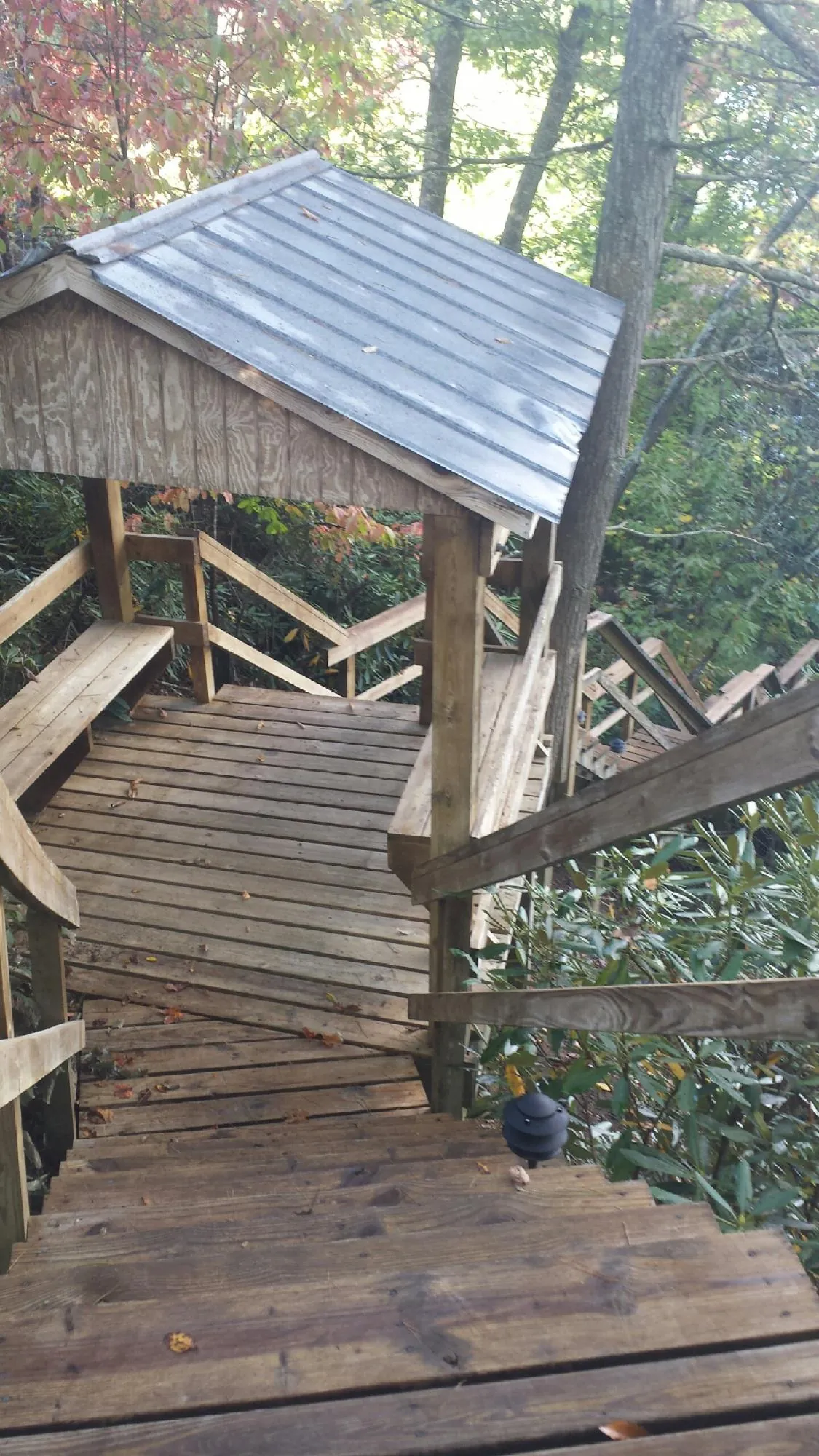 Metal roofed shelter over wooden steps on a wooded walkway — Skylight Repair & Installation work by our crew in Farmville